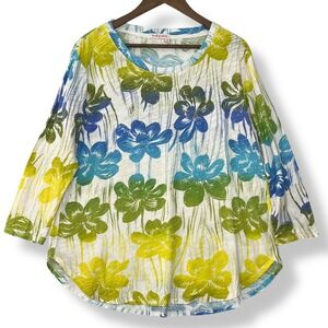 Fresh Produce XL Blouse 100% Cotton Floral Slub Knit Top Blue Green Ombre USA